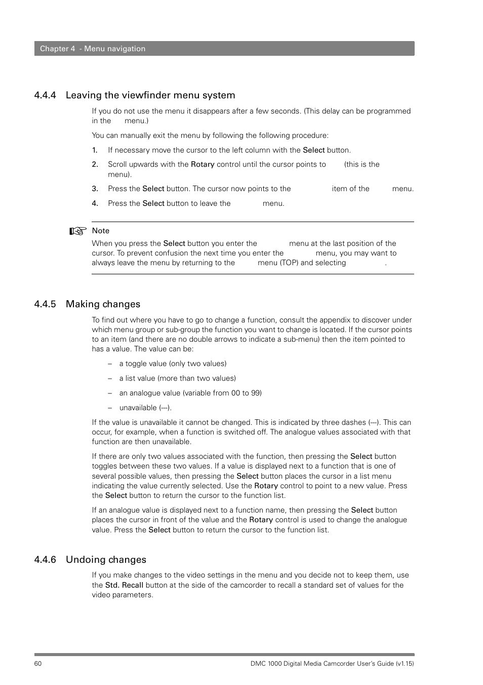 4 leaving the viewfinder menu system, 5 making changes, 6 undoing changes | Leaving the viewfinder menu system, Making changes, Undoing changes | Infinity DMC 1000 User Manual | Page 60 / 150