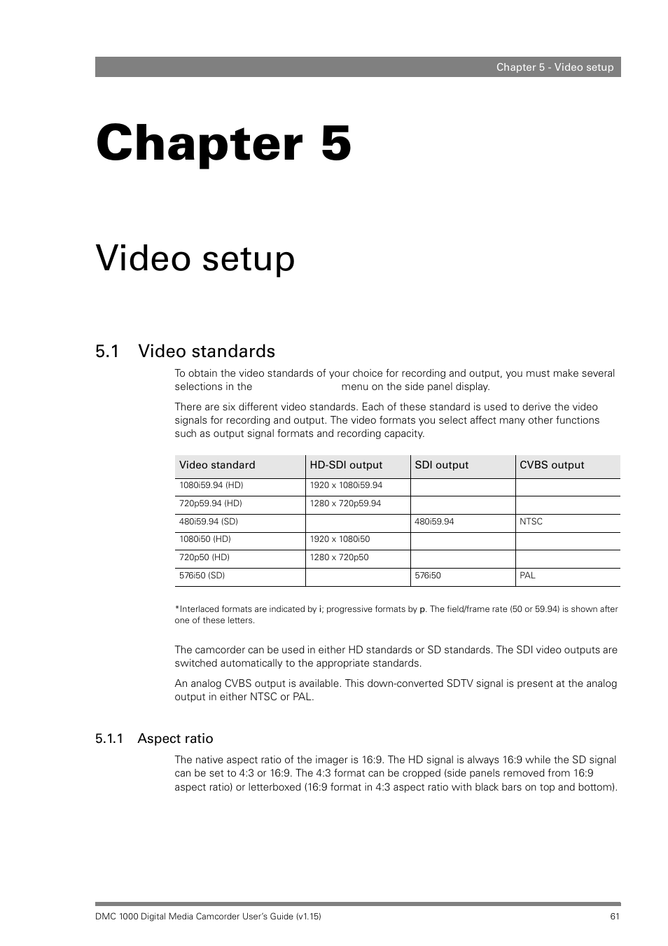 Video setup, 1 video standards, 1 aspect ratio | Chapter 5 – video setup, Video standards 5.1.1, Aspect ratio, Chapter 5 | Infinity DMC 1000 User Manual | Page 61 / 150