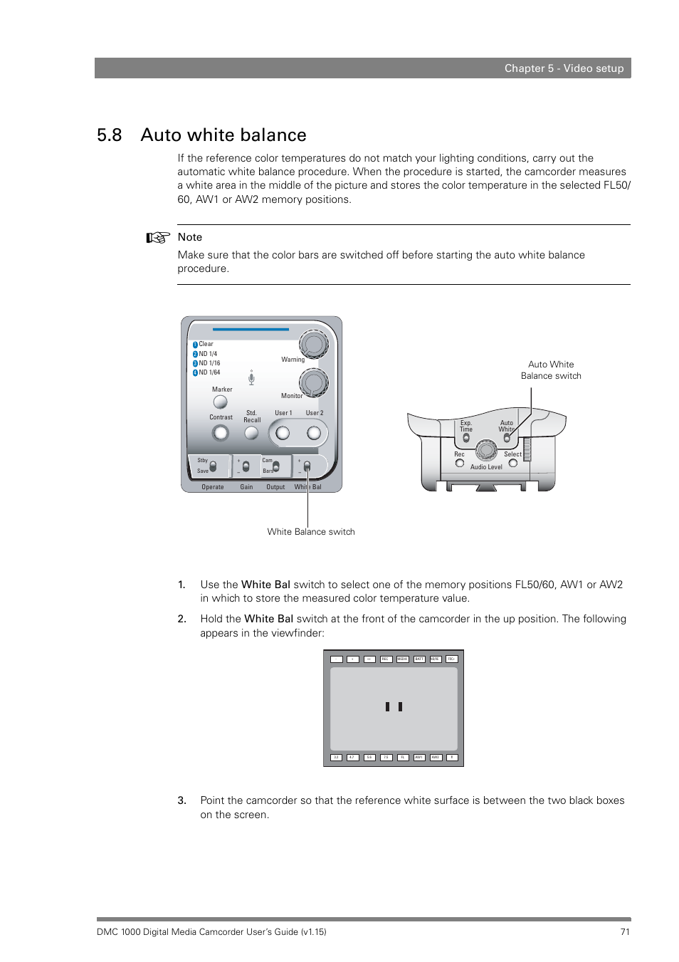 8 auto white balance, Auto white balance, Chapter 5 - video setup | Infinity DMC 1000 User Manual | Page 71 / 150