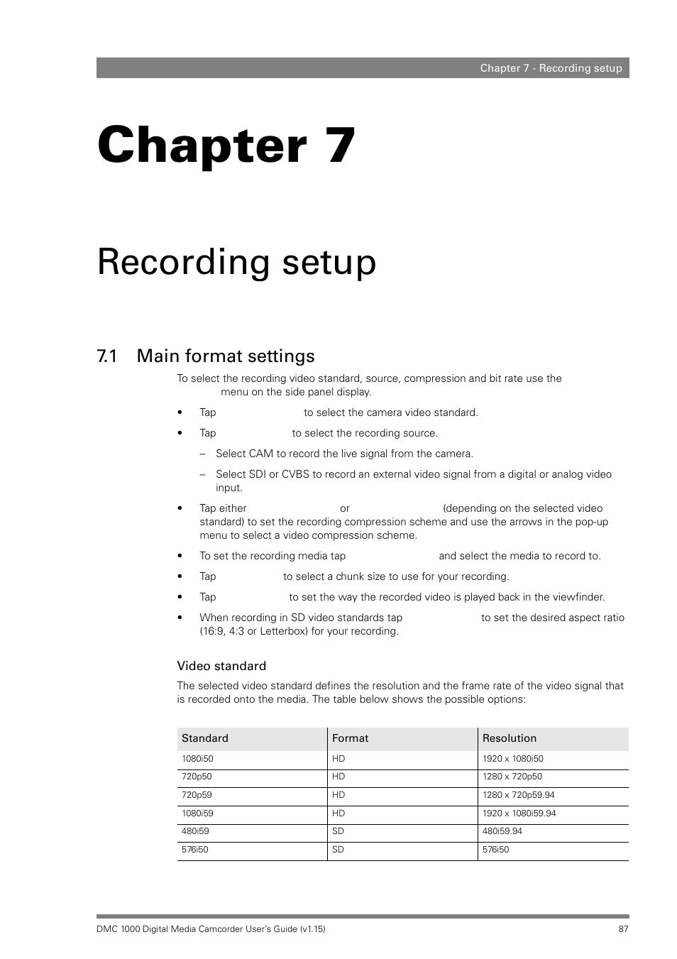 Recording setup, 1 main format settings, Chapter 7 – recording setup | Main format settings, Chapter 7 | Infinity DMC 1000 User Manual | Page 87 / 150