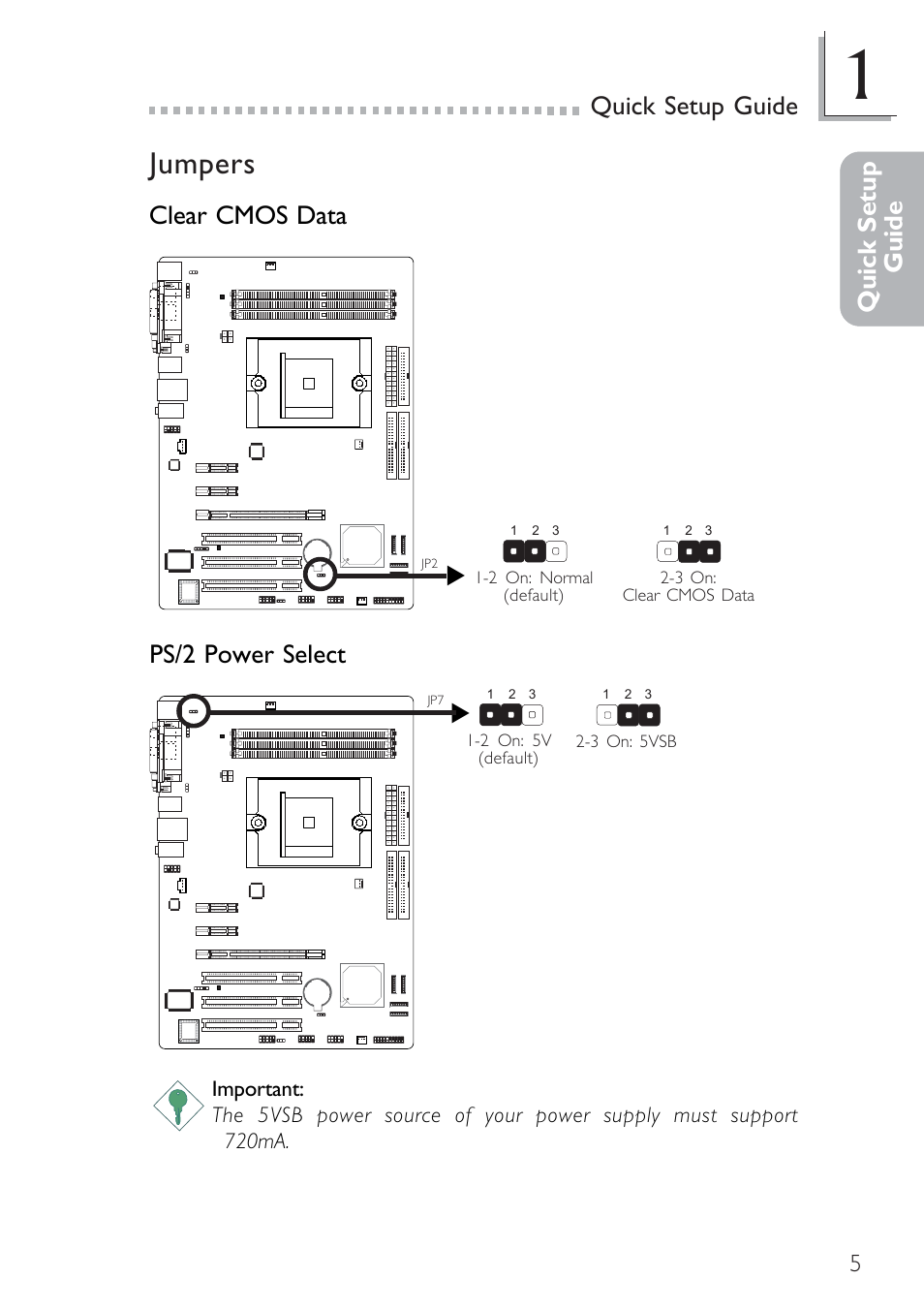 Jumpers, Quick setup guide quick setup guide, Clear cmos data ps/2 power select | Infinity nF4X User Manual | Page 5 / 13