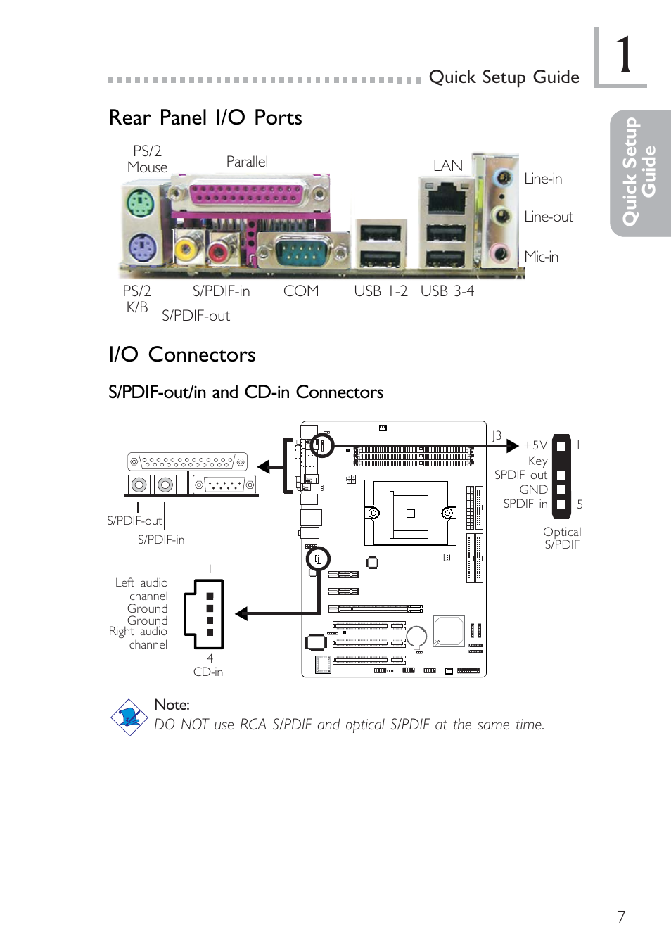 I/o connectors, Rear panel i/o ports, Quick setup guide quick setup guide | S/pdif-out/in and cd-in connectors | Infinity nF4X User Manual | Page 7 / 13