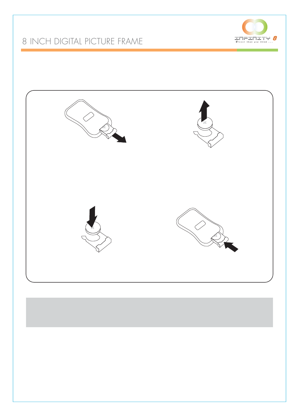 8 inch digital picture frame, Replacing the remote control battery | Infinity DPF-8000 User Manual | Page 15 / 25