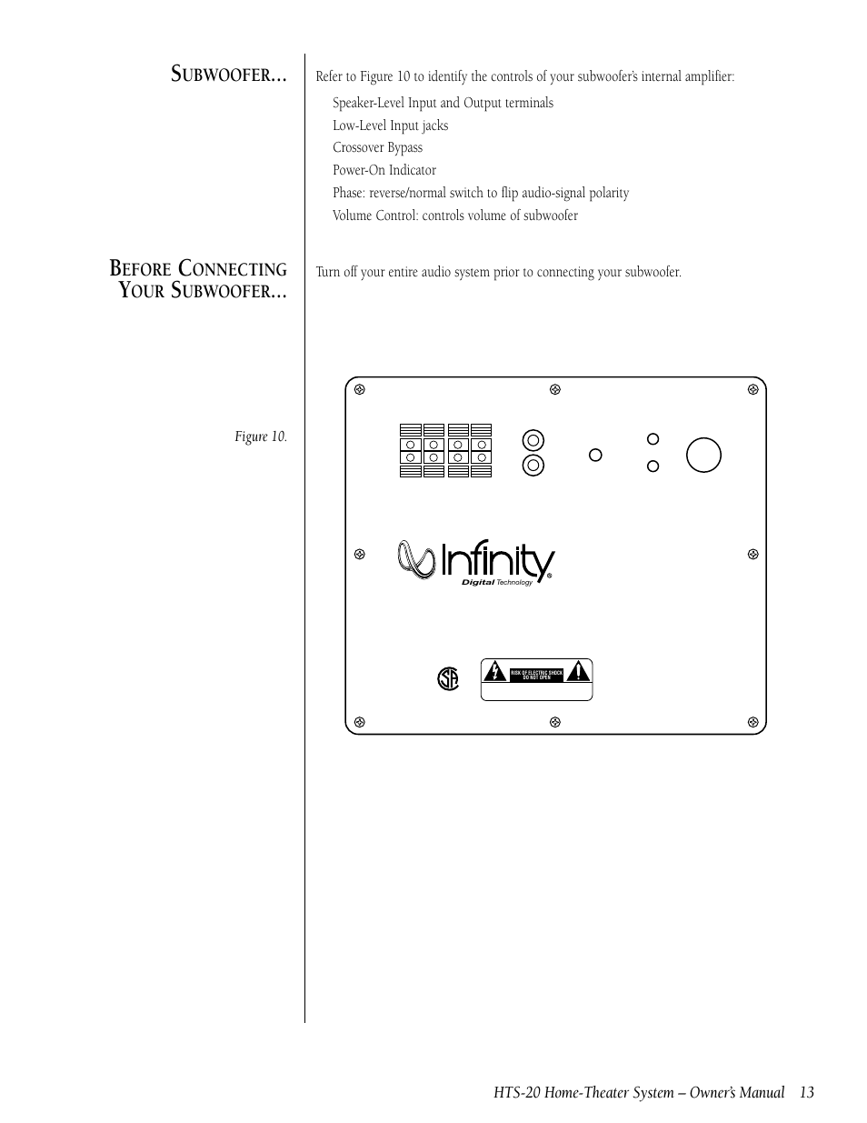 Ubwoofer, Efore, Onnecting | Hts-20 home-theater system – owner’s manual, Speaker-level input and output terminals, Low-level input jacks, Crossover bypass, Power-on indicator | Infinity HTS-20 User Manual | Page 13 / 20