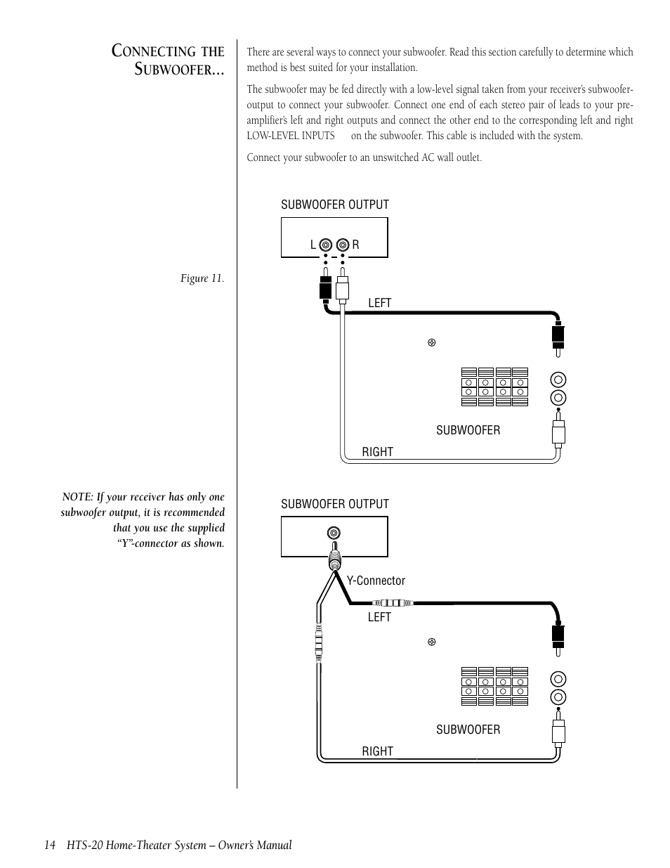 Onnecting the, Ubwoofer, Hts-20 home-theater system – owner’s manual | Subwoofer subwoofer output left right, Y-connector | Infinity HTS-20 User Manual | Page 14 / 20