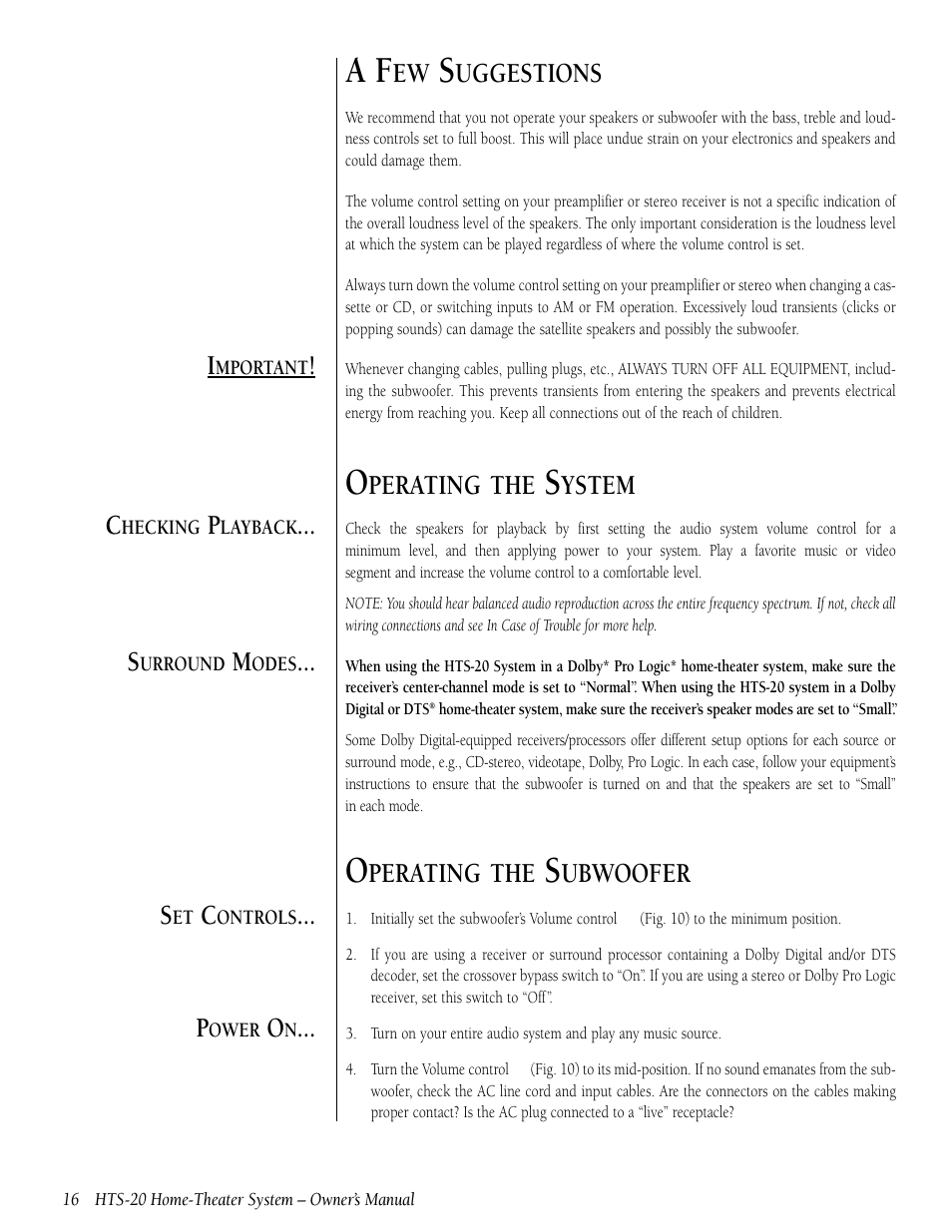 Uggestions, Perating the, Ystem | Ubwoofer | Infinity HTS-20 User Manual | Page 16 / 20