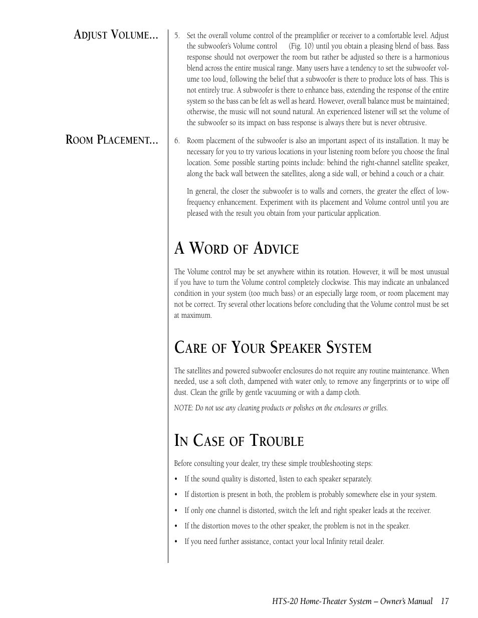 Ord of, Dvice, Are of | Peaker, Ystem, Ase of, Rouble | Infinity HTS-20 User Manual | Page 17 / 20