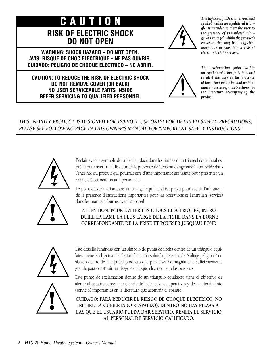 Risk of electric shock do not open | Infinity HTS-20 User Manual | Page 2 / 20