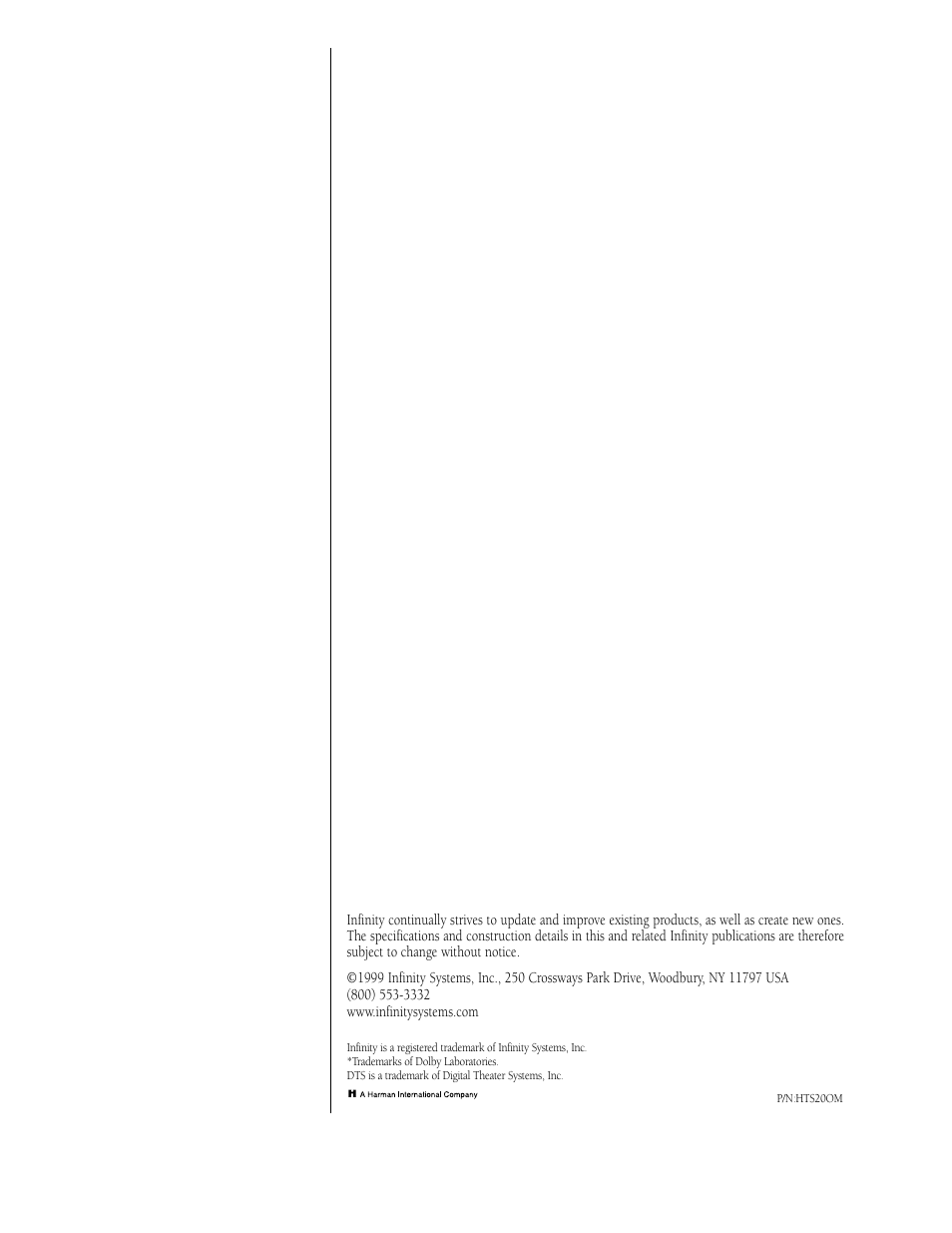 Infinity HTS-20 User Manual | Page 20 / 20