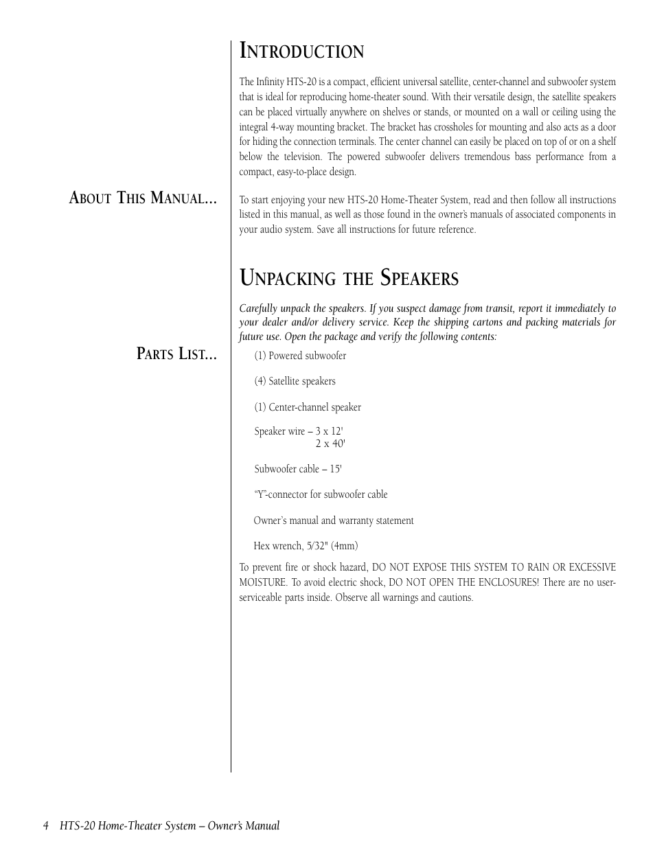 Ntroduction, Npacking the, Peakers | Infinity HTS-20 User Manual | Page 4 / 20