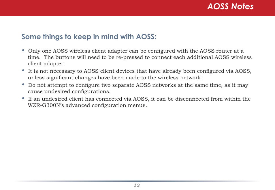 Some things to keep in mind with aoss | Infinity Wireless Router & AP WZR-G300N User Manual | Page 13 / 91