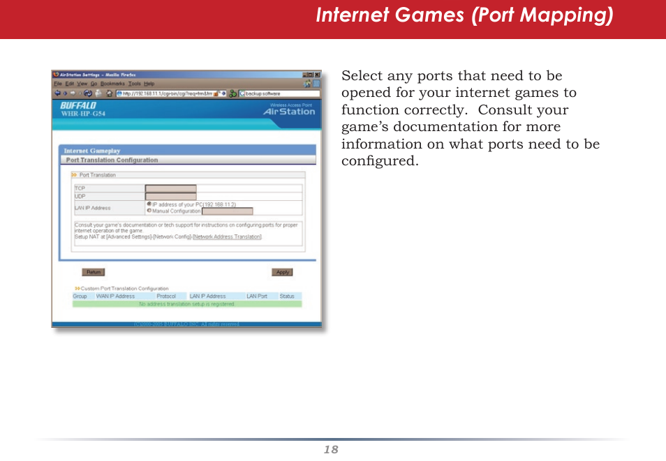 Internet games (port mapping) | Infinity Wireless Router & AP WZR-G300N User Manual | Page 18 / 91