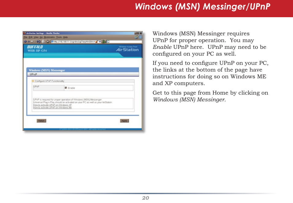 Windows (msn) messinger/upnp | Infinity Wireless Router & AP WZR-G300N User Manual | Page 20 / 91