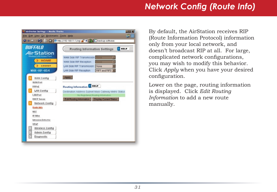 Network config (route info) | Infinity Wireless Router & AP WZR-G300N User Manual | Page 31 / 91