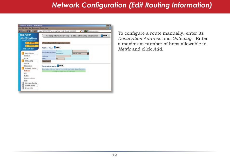 Network configuration (edit routing information) | Infinity Wireless Router & AP WZR-G300N User Manual | Page 32 / 91