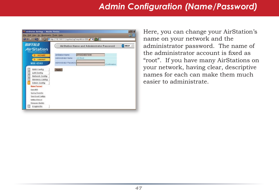 Admin configuration (name/password) | Infinity Wireless Router & AP WZR-G300N User Manual | Page 47 / 91