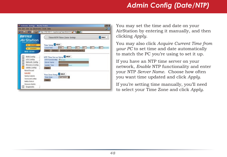 Admin config (date/ntp) | Infinity Wireless Router & AP WZR-G300N User Manual | Page 48 / 91