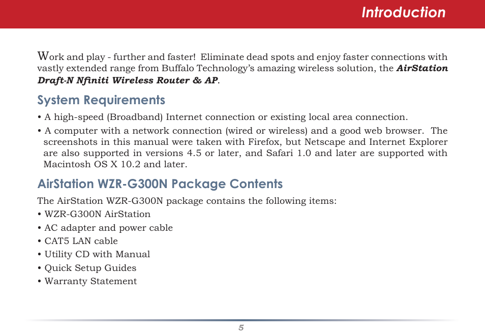 Introduction, System requirements, Airstation wzr-g300n package contents | Infinity Wireless Router & AP WZR-G300N User Manual | Page 5 / 91