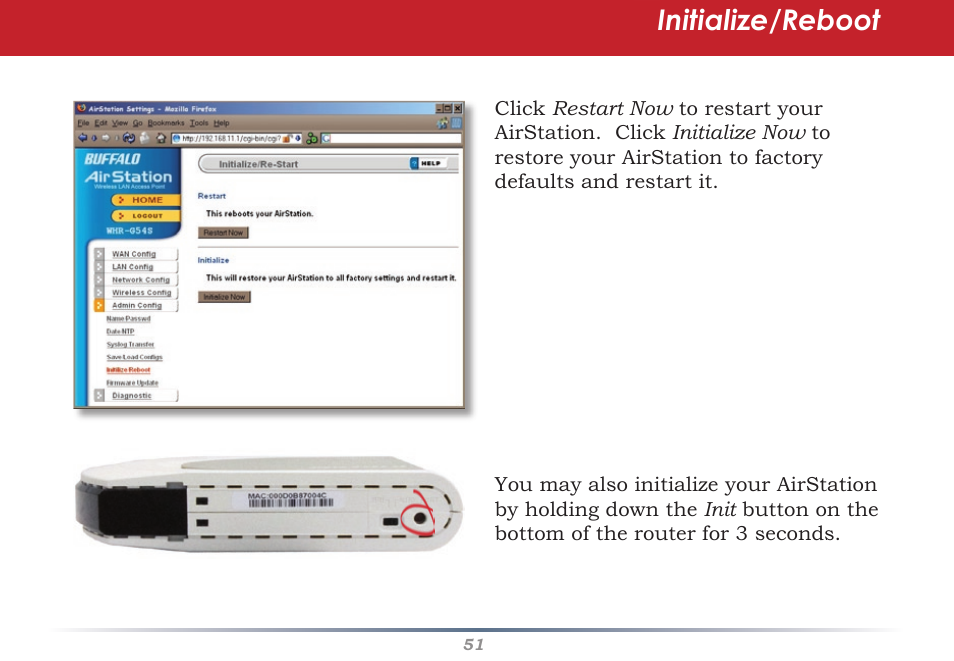 Initialize/reboot | Infinity Wireless Router & AP WZR-G300N User Manual | Page 51 / 91