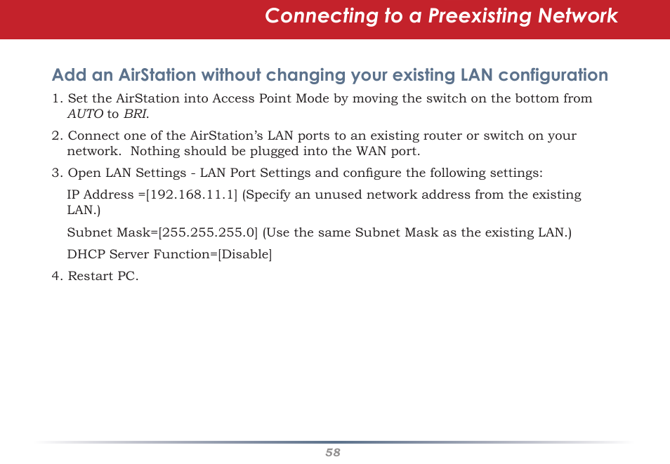 Connecting to a preexisting network | Infinity Wireless Router & AP WZR-G300N User Manual | Page 58 / 91