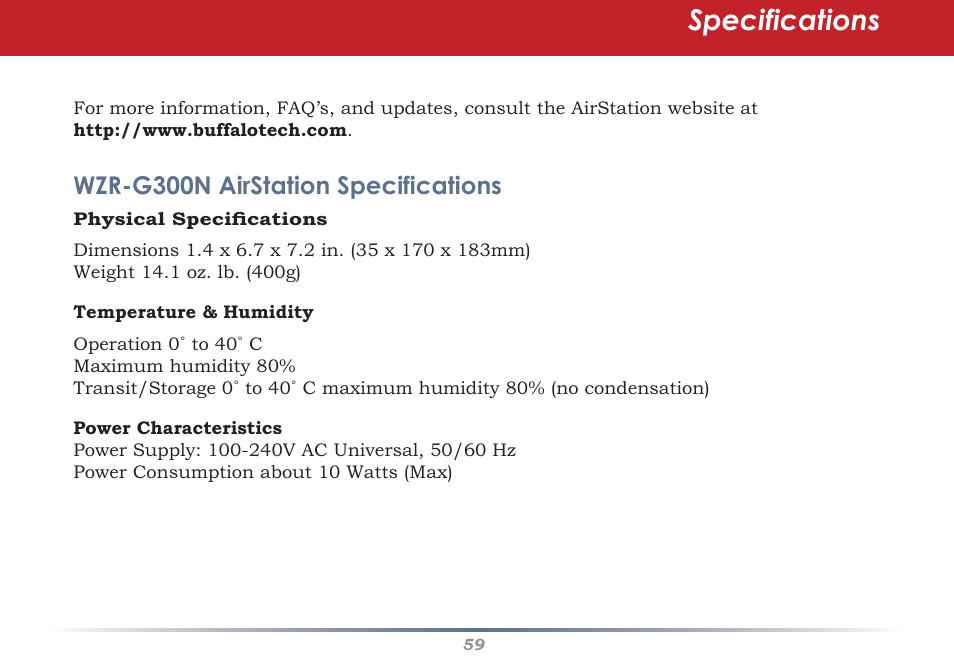 Specifications, Wzr-g300n airstation specifications | Infinity Wireless Router & AP WZR-G300N User Manual | Page 59 / 91