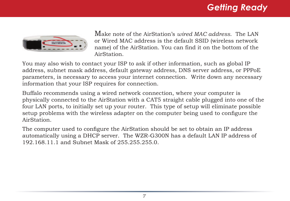 Getting ready | Infinity Wireless Router & AP WZR-G300N User Manual | Page 7 / 91