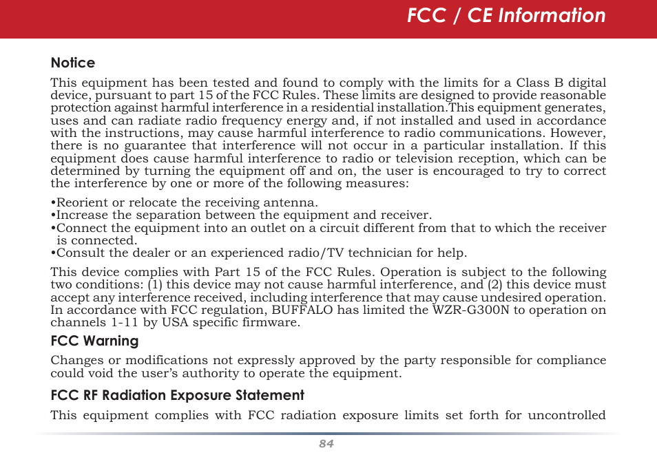 Fcc / ce information | Infinity Wireless Router & AP WZR-G300N User Manual | Page 84 / 91