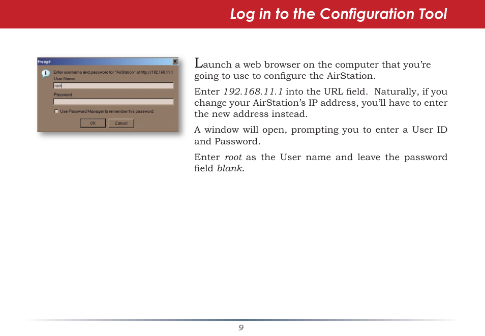 Log in to the configuration tool | Infinity Wireless Router & AP WZR-G300N User Manual | Page 9 / 91