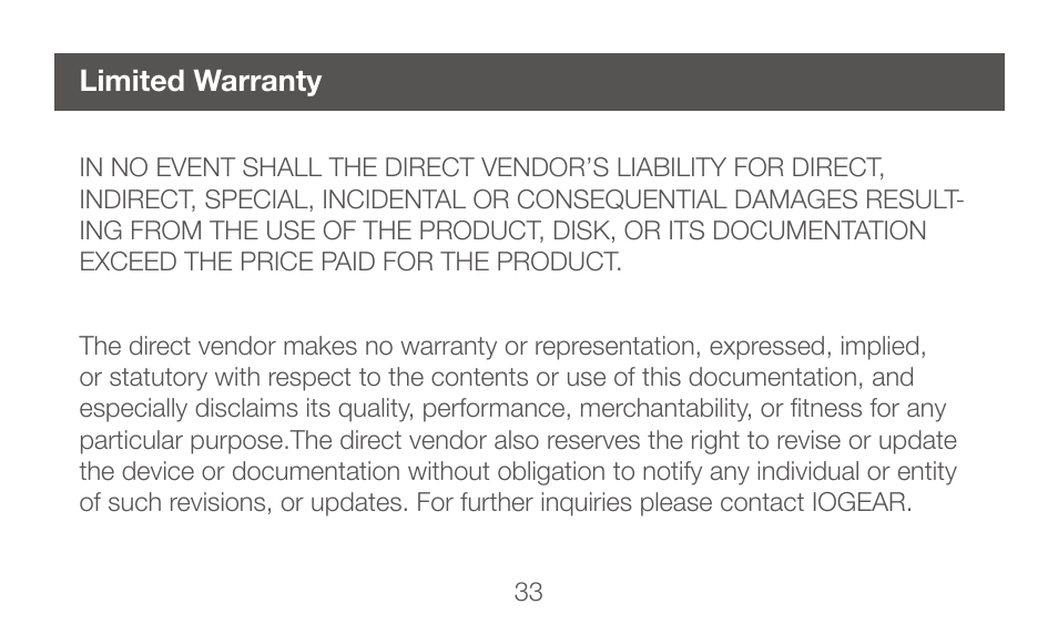 Limited warranty | IOGear GBHFK231 User Manual | Page 33 / 36