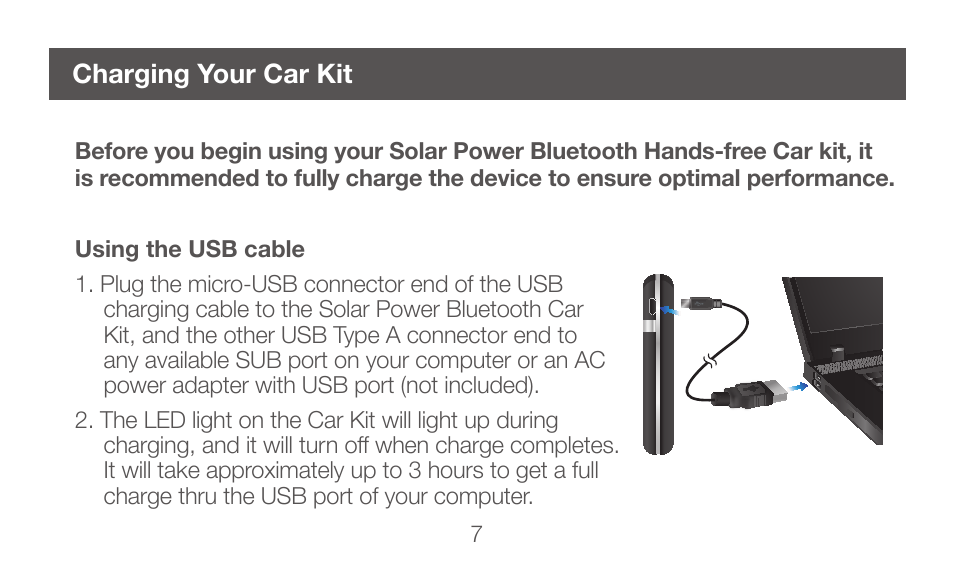 Charging your car kit | IOGear GBHFK231 User Manual | Page 7 / 36