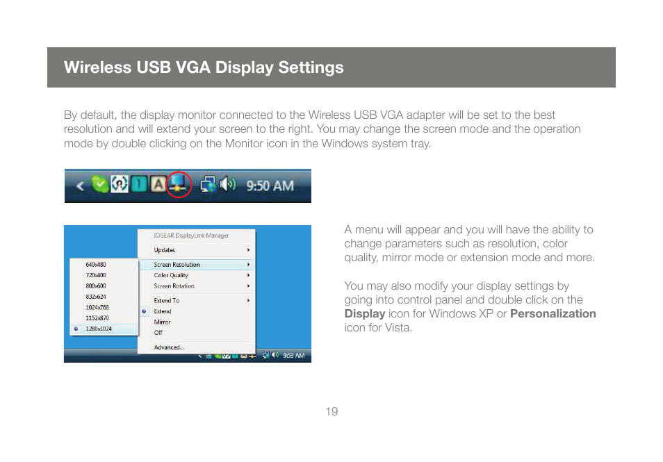 Wireless usb vga display settings | IOGear GUW2015V User Manual | Page 19 / 32