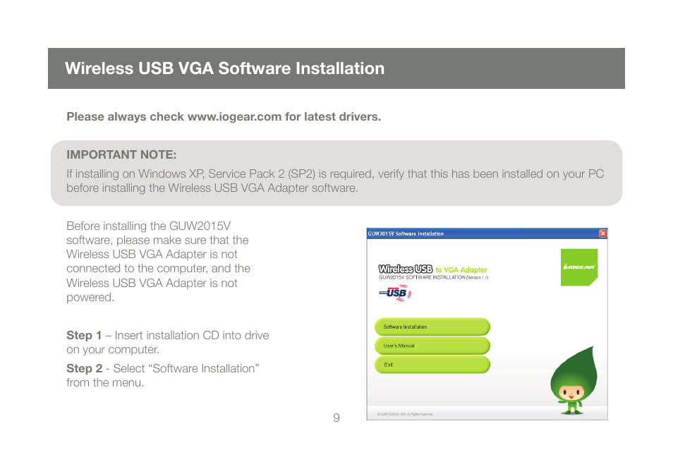 Wireless usb vga software installation | IOGear GUW2015V User Manual | Page 9 / 32