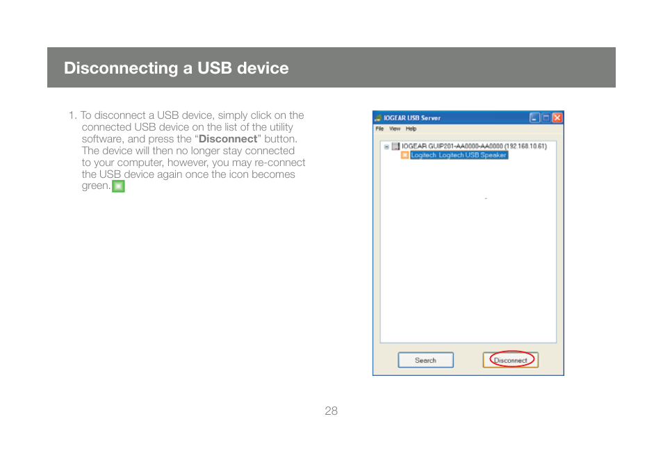 Disconnecting a usb device | IOGear GUIP201 M1023 User Manual | Page 28 / 68
