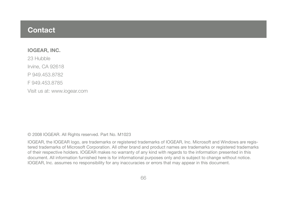 Contact | IOGear GUIP201 M1023 User Manual | Page 66 / 68