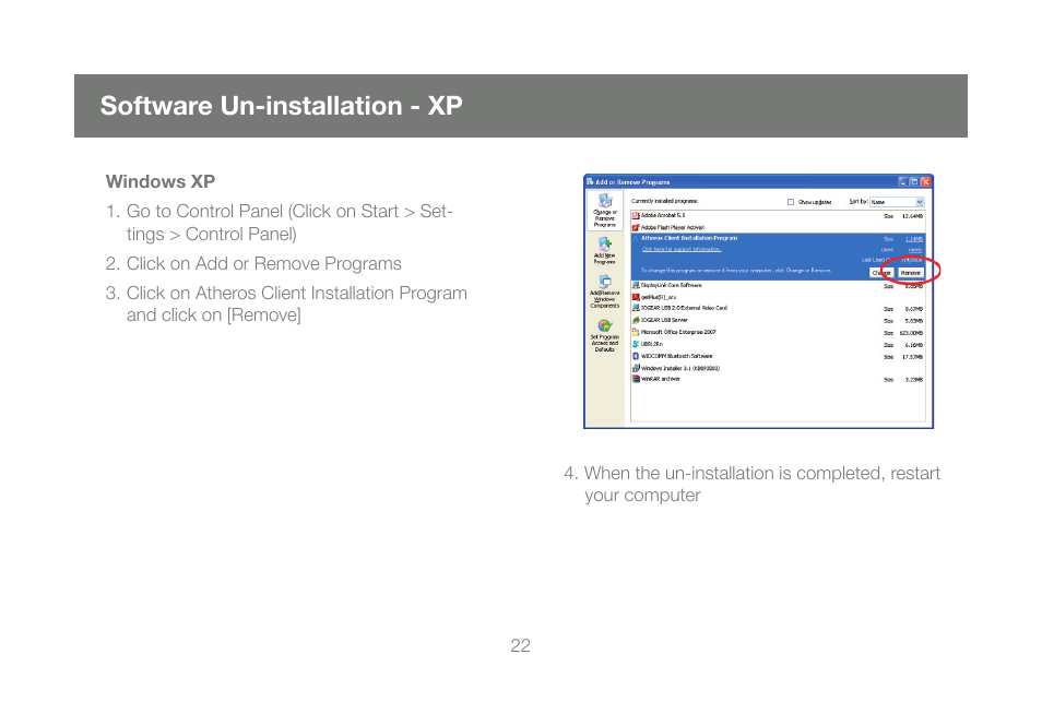 Software un-installation - xp | IOGear Wireless-N GWU623 User Manual | Page 22 / 76
