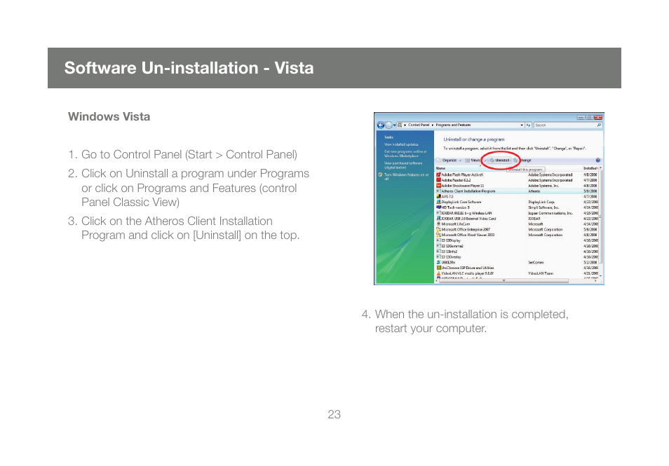 Software un-installation - vista | IOGear Wireless-N GWU623 User Manual | Page 23 / 76