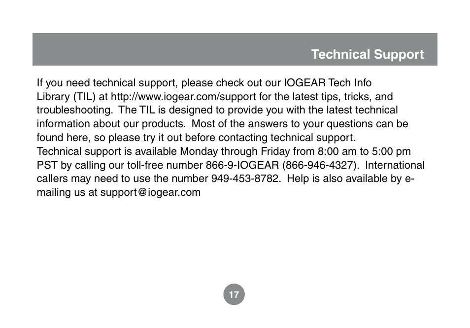 Technical support | IOGear GMESKYP1 User Manual | Page 17 / 20