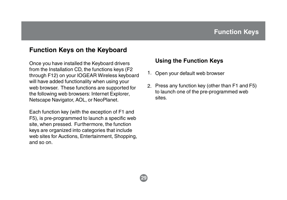 Function keys on the keyboard, Function keys | IOGear GKM541R User Manual | Page 31 / 42