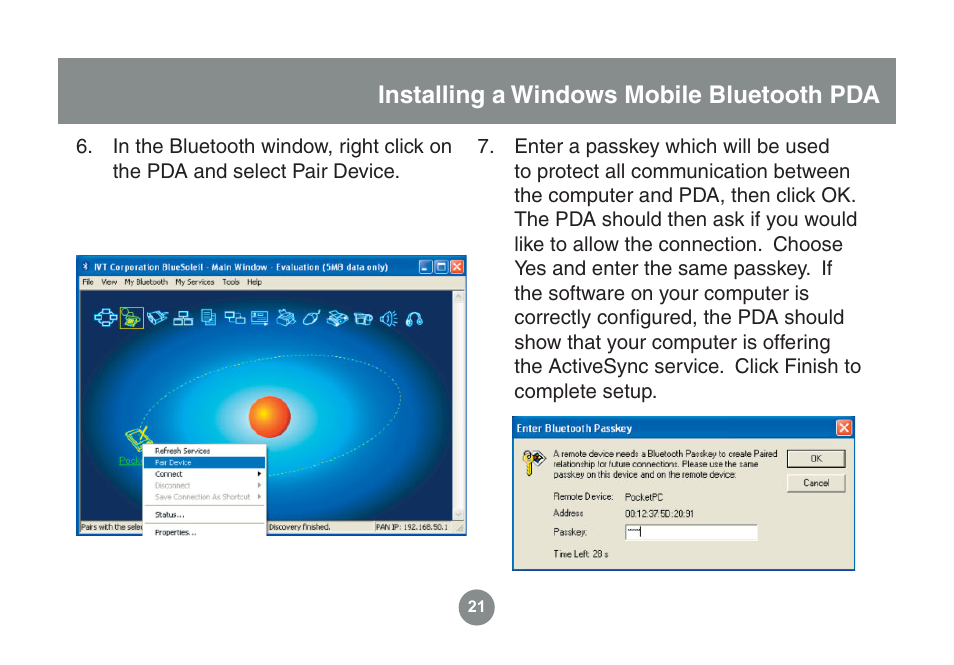 Installing a windows mobile bluetooth pda | IOGear GME225BKIT User Manual | Page 21 / 96