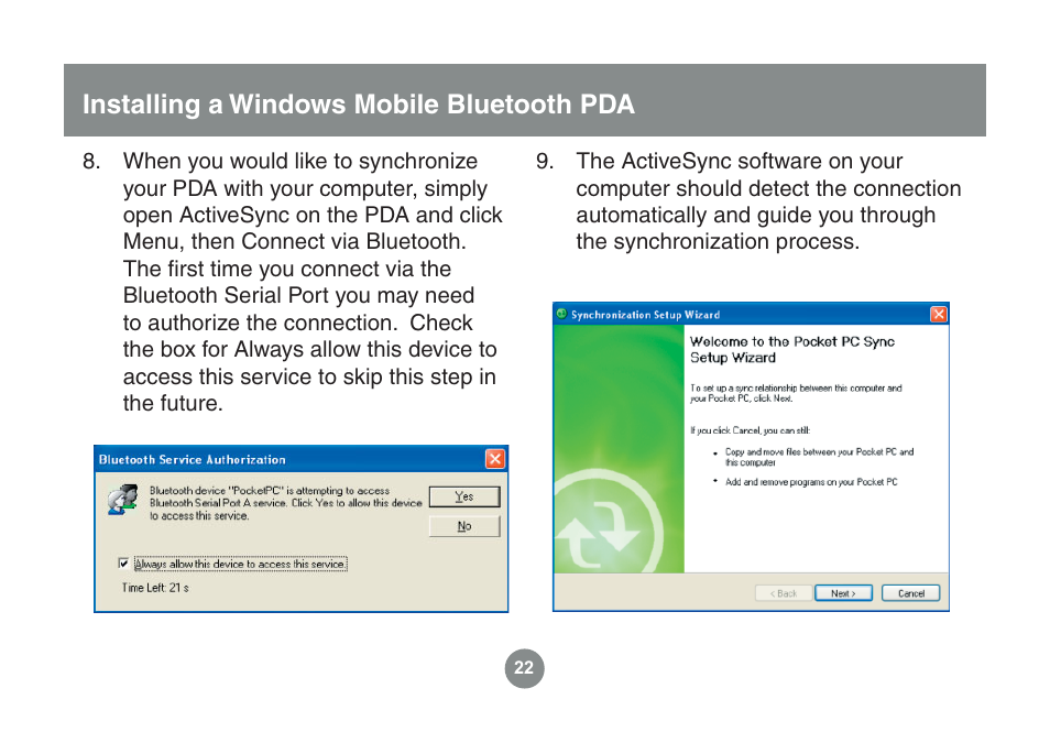 Installing a windows mobile bluetooth pda | IOGear GME225BKIT User Manual | Page 22 / 96