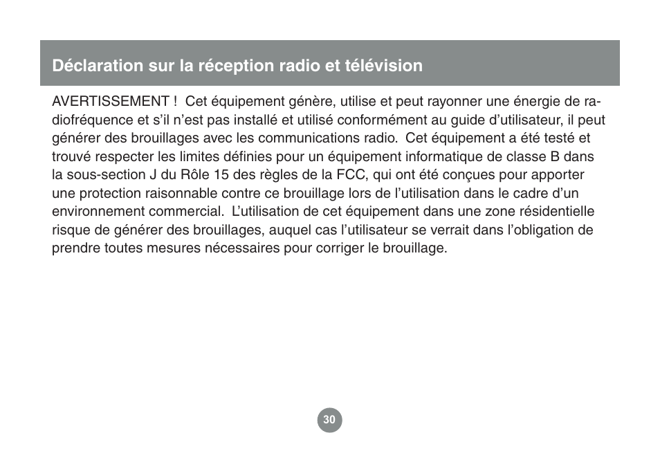 Déclaration sur la réception radio et télévision | IOGear GME225BKIT User Manual | Page 62 / 96