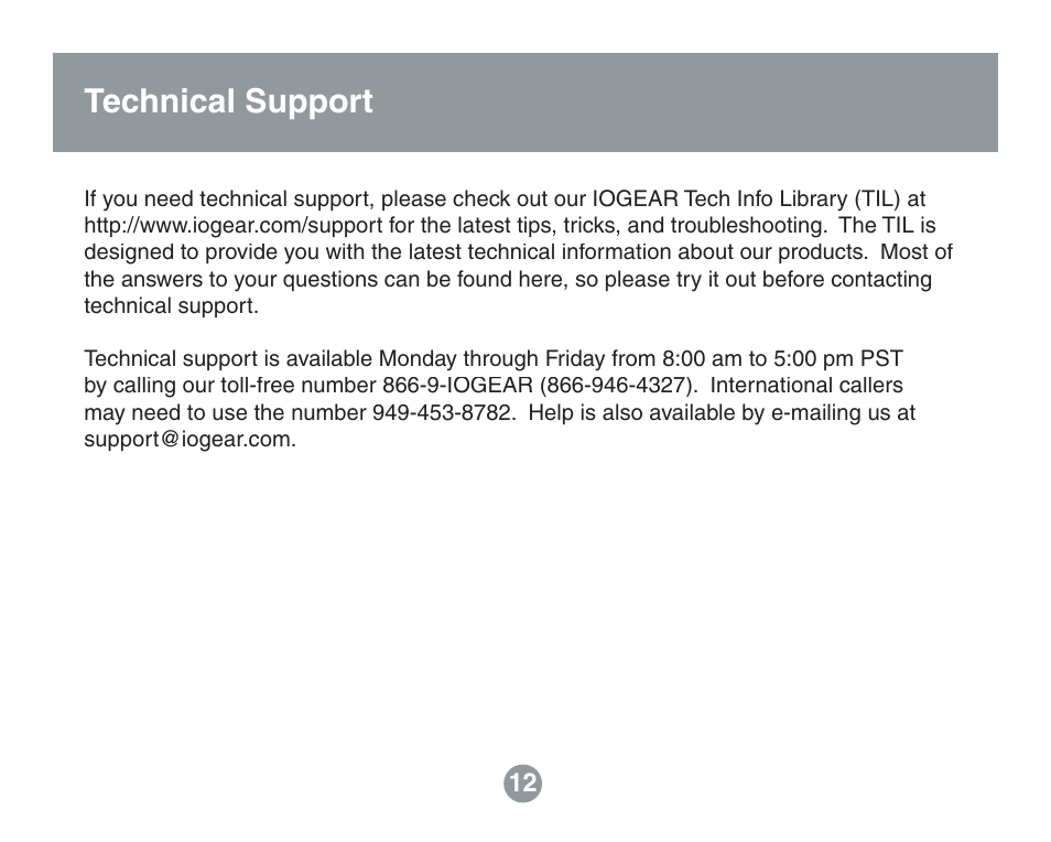 Technical support warranty | IOGear GBHFK201W6 User Manual | Page 12 / 38