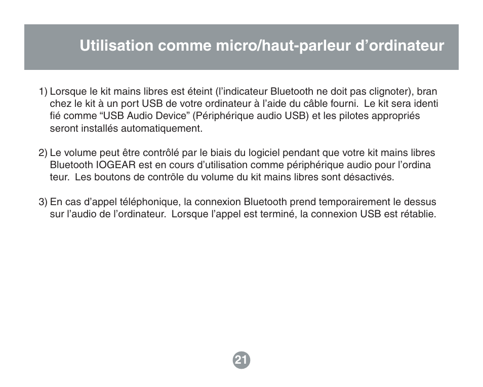 Utilisation comme micro/haut-parleur d’ordinateur | IOGear GBHFK201W6 User Manual | Page 21 / 38