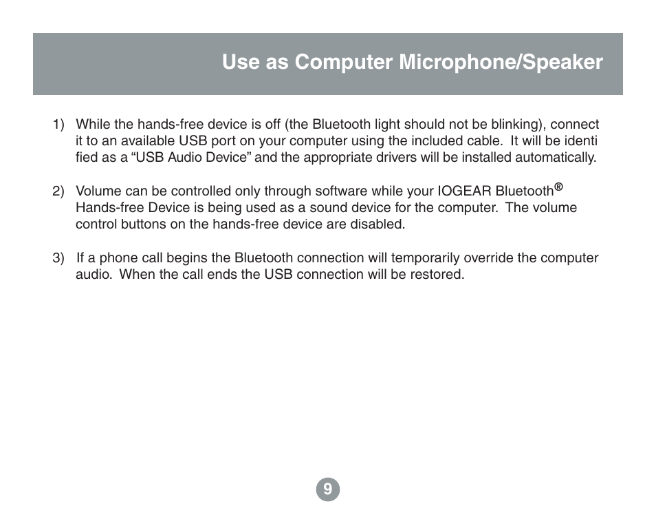 Initial setup use as computer microphone/speaker | IOGear GBHFK201W6 User Manual | Page 9 / 38