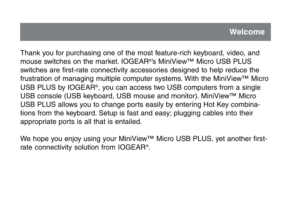 Welcome | IOGear MINIVIEW GCS632U User Manual | Page 3 / 33