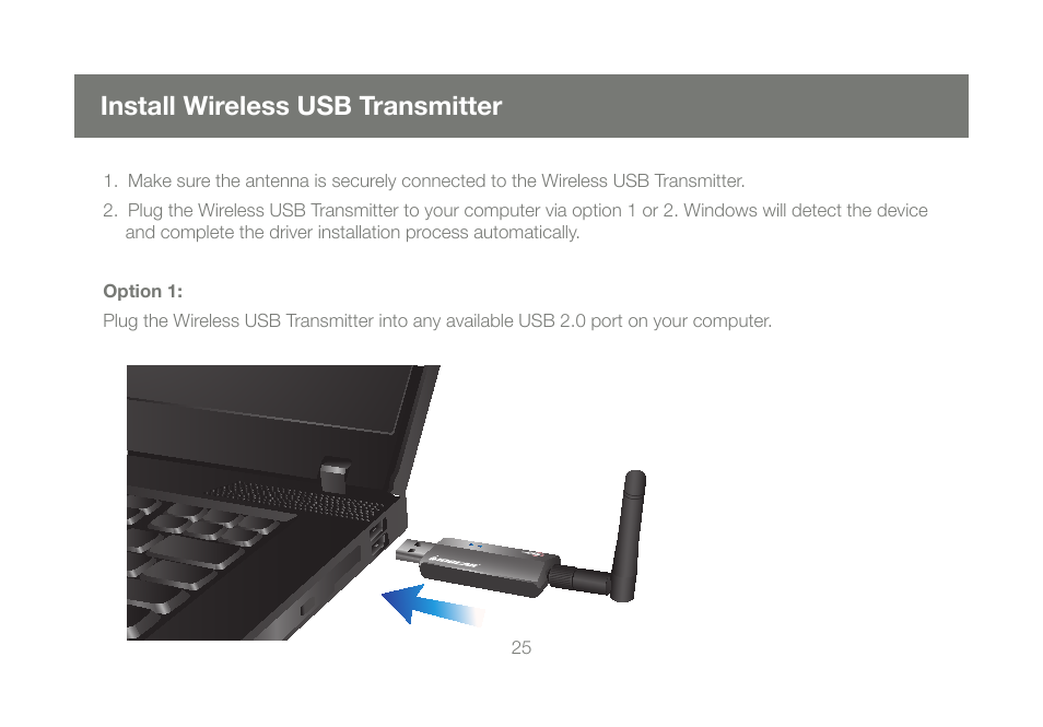 Install wireless usb transmitter | IOGear GUWAVKIT User Manual | Page 25 / 80