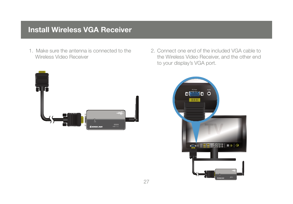 Install wireless vga receiver | IOGear GUWAVKIT User Manual | Page 27 / 80