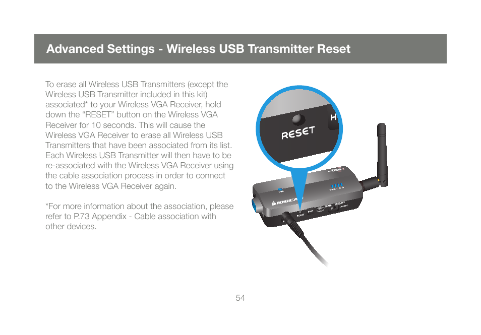 Advanced settings - wireless usb transmitter reset | IOGear GUWAVKIT User Manual | Page 54 / 80