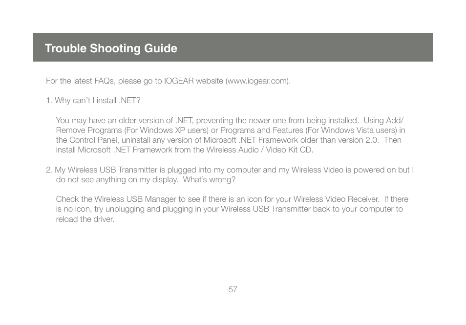 Trouble shooting guide | IOGear GUWAVKIT User Manual | Page 57 / 80