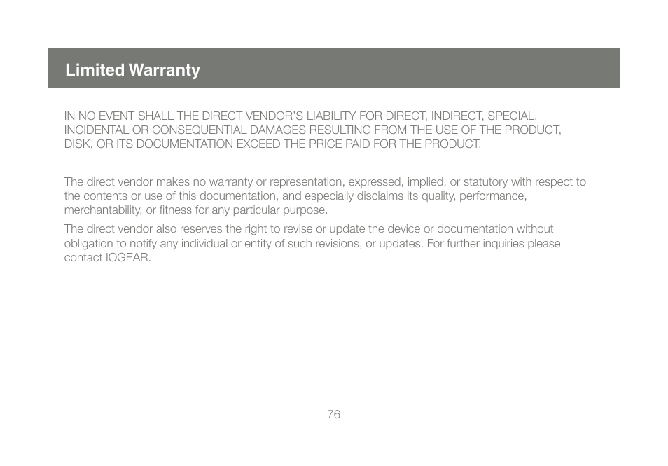 Limited warranty | IOGear GUWAVKIT User Manual | Page 76 / 80